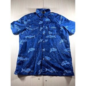 Chaps Fishing Shirt Mens‎ Large Blue Fish Print Pockets Short Sleeve Button Down